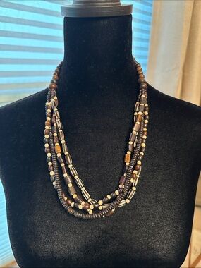 Bohemian Wooden Multi-Strand Brown and Cream Beaded Necklace